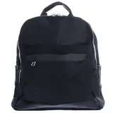 Mochila negra de tela con cierre superior y bolsillo frontal con cierre.