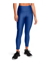 Calza de mujer Under Armour HeatGear® de tiro alto hasta el tobillo, color gris azulado, con cintura antideslizante y logo en la pierna.