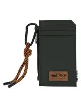 Billetera tarjetero unisex color verde oscuro de poliéster reciclado resistente al agua, con tres espacios para tarjetas por lado, llavero mosquetón y tecnología RFID.