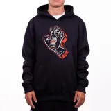 Canguro negro con capucha, cordón ajustable y bolsillo tipo canguro. Estampado frontal con el logo de la mano gritando de Santa Cruz en blanco y rojo.