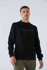 Buzo negro de algodón con cuello redondo y logo estampado en el pecho.