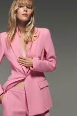 Blazer entallada color rosa, confeccionada en mezcla de viscosa. Tiene cuello solapa con muescas, manga larga, bolsillos con solapa en el delantero, forro interior a contraste y cierre frontal con botón.