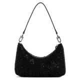 Cartera de mano Guess Zalina color negro con apliques brillantes. Tiene asa corta, correa larga desmontable, cierre superior y logo triangular metálico en el frente.