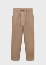 Pantalón de lino color beige, de corte recto, con cintura elástica ajustable con cordón.