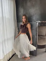 Pollera midi de tul gris con lentejuelas plateadas.