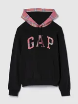 Canguro negro con capucha forrada en tela escocesa rosa, con logo GAP estampado en el pecho con el mismo patrón.