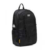 Mochila azul con logo de Caterpillar en blanco, con bolsillo frontal con cordones elásticos cruzados, bolsillos laterales de malla y elementos reflectantes.