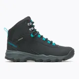 Bota de trekking impermeable de cuero negro con cordones turquesa, suela de goma gris y logo de la marca en el lateral.