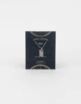 Cadena corta plateada con dije rectangular con el signo zodiacal Aries y un dije redondo pequeño.