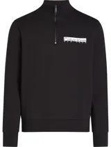 Buzo negro de cuello alto con media cremallera y logo Calvin Klein estampado en el pecho.