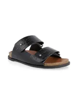 Sandalias negras con textura de cocodrilo, dos tiras anchas sobre el empeine y plantilla de corcho.