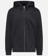 Campera de algodón gris oscuro jaspeado, con cierre frontal de cremallera, capucha con cordones trenzados y bolsillo canguro.