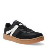 Zapatillas deportivas negras con detalles en blanco y suela color caramelo.