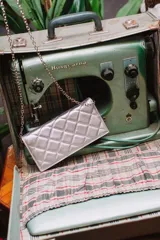 Cartera de mano plateada con diseño capitoneado y cadena metálica removible. Incluye ranuras interiores para tarjetas y documentos, y forro textil rojo.