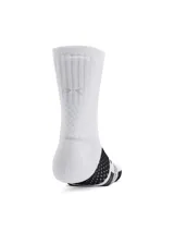 Medias deportivas de caña media, blancas con degradado celeste en el borde superior y detalles en gris en la puntera y el talón. Logo de Stephen Curry en el lateral.