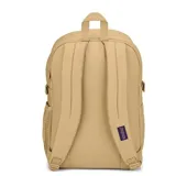 Mochila Jansport Main Campus color beige con múltiples compartimentos y bolsillo lateral de malla.