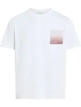 Remera blanca de algodón con cuello redondo y mangas cortas. Presenta un diseño cuadrado con efecto degradado en tonos rosados y logo de Calvin Klein en el pecho.