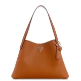 Cartera tote Guess modelo Sora, tamaño mediano, color marrón con logo triangular metálico en el frente y llavero colgante con el nombre de la marca. Tiene doble asa de hombro y cierre superior con cremallera.