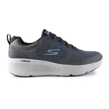 Championes deportivos Skechers Go Run Elevate, color gris con detalles en azul. Capellada de malla con refuerzos sintéticos, plantilla Air-Cooled Goga Mat y amortiguación Ultra Go.
