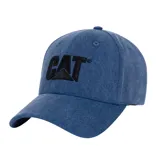 Gorro de gabardina azul con logo CAT bordado en negro en el frente.