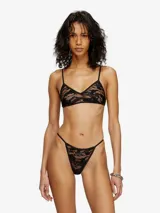 Sujetador tipo bralette de encaje negro con patrón de cebra o animal print sutil, de corte triangular y tirantes finos ajustables.