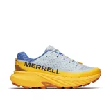 Championes de trail running Merrell Agility Peak 5, color celeste con detalles en azul y amarillo. Suela Vibram Megagrip color naranja.