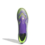 Championes de fútbol Adidas F50 League FG, diseño unisex en colores púrpura, blanco y amarillo limón.