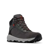 Bota de senderismo Columbia Newton Wander para hombre, color gris oscuro con detalles en negro y naranja. Fabricada en cuero impermeable con tecnología Omni-Tech y suela de caucho Omni-Grip para mayor tracción.