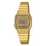 Reloj digital Casio vintage, color dorado, con caja rectangular y pulsera de acero inoxidable con cierre ajustable.