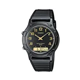 Reloj Casio análogo-digital negro con detalles dorados. Cuenta con dos manecillas analógicas (hora y minuto) y una pantalla digital que muestra hora, segundos, día, fecha y AM/PM, además de permitir hora dual. Entre sus funciones incluye cronómetro de 1/100?s, alarma diaria, señal horaria, calendario automático (con febrero de 28 días), formato 12/24?h y una precisión de ±30?s/mes. Su batería SR920W ofrece hasta 3 años de duración. La correa es de resina, resistente, ligera y viene con cierre de hebilla. Tiene una resistencia al agua de 50 metros (5?BAR).