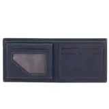 Billetera de cuero sintético color negro con costuras color naranja.