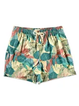 Short de baño blanco con estampado de hojas de palmera en tonos verde, rojo y amarillo.