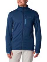 Campera polar Columbia Park View Fleece, color azul jaspeado, con cierre frontal completo, cuello alto, bolsillos laterales con cierre y bolsillo en el pecho con cierre vertical en color verde lima. Cuenta con tecnología Omni-Wick, puños elásticos con orificios para pulgares y protector de barbilla.