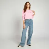 Buzo cropped rosa de cuello redondo y manga larga, con estampado de granada y texto "Fruit Club Team" en la espalda.