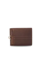 Billetera de cuero color gris con costuras a la vista. Incluye un tarjetero extraíble con visor, doble compartimento para billetes, tarjeteros y bolsillos.