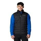 Chaleco acolchado Columbia Delta Ridge II para hombre, color azul marino con logo de la marca en el pecho. Cuenta con tecnología termorreflectiva Omni-Heat, HeatSeal y Omni-Shield. Relleno de plumón con certificación RDS.