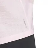 Remera deportiva Adidas Own The Run para mujer, color rosa pálido con tres tiras blancas en las mangas.