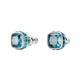 Aros de botón Swarovski bañados en rodio con cristal azul cobalto de talla cuadrada.