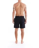 Short de baño negro con cordón ajustable en la cintura y logo de Deus Ex Machina con una palmera bordado en la pierna derecha.
