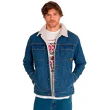 Chaqueta de denim azul con forro de sherpa color crema, cierre con botones metálicos, bolsillos superiores con broche metálico, bolsillos inferiores tipo Welt y puños con cierre sin marca.