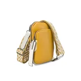 Cartera phone bag negra con bolsillo frontal y correa gruesa de galón regulable y desmontable con diseño de espiga en blanco y negro.