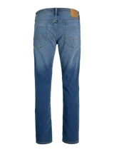 Jean azul de cinco bolsillos con diseño clásico. Cierre con botón. Tejido de sarga con acabado stonewash para un aspecto desgastado y deslavado. Corte tapered fit con tiro alto, rodilla cómoda y abertura de pierna ajustada.