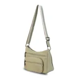 Bandolera color beige con correa extensible a tono, ajustable, y múltiples bolsillos frontales con cierre.