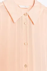 Camisa color salmón con rayas verticales, de cuello solapa y manga larga.