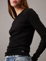 Remera negra de algodón con textura de canalé, corte slim, cuello redondo y mangas largas.