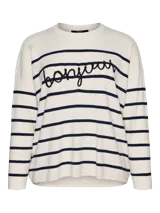 Sweater tejido color crudo con rayas horizontales azul marino y la palabra "bonjour" bordada en negro en el frente.