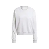 Buzo Adidas Essentials 3 Tiras gris melange de corte holgado, cuello redondo acanalado, hombros caídos, puños y dobladillo elásticos y las tres tiras características de la marca en color blanco a lo largo de las mangas.
