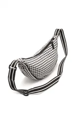 Riñonera con estampado a cuadros vichy en blanco y negro, con correa de tela regulable a rayas blancas y negras.