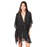 Kimono de encaje sintético calado color negro, de calce suelto y fluido, con ruedo recto y caída liviana.