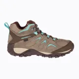 Bota de trekking con diseño mid, en colores marrón y aqua, ideal para actividades al aire libre.